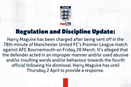 开云官网-官方：因对阵樱桃染红后对四官行为不当，马奎尔被英足总指控