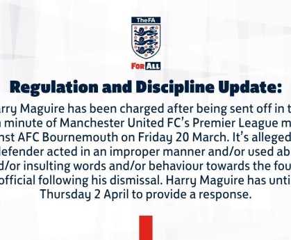 开云-官方：因对阵樱桃染红后对四官行为不当，马奎尔被英足总指控